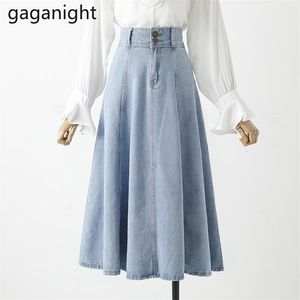 Spring Midi Denim Skirt Women Chic Vintage Full Washed Blue Jeans Plus Size Pocket Pure Female s 210601