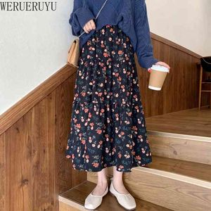 WERUERUYU Vintage Floral Print Cord Herbst Frühling Frauen Koreanische Rock Elastische Taille Midi Rock 210608