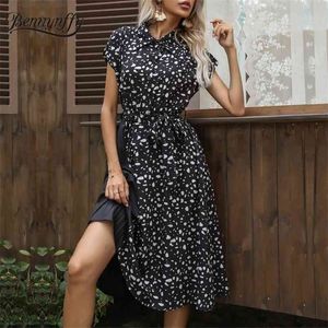 Turndown Collar Half Button Shirt Dress With Belt Summer Short Sleeve OL Casual Women Contrast Print A-line 210510