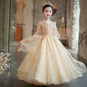 New Rose Gold Linglin Girl Vestidos para casamentos LACE Lantejoulas Arco aberto Voltar mangas curtas Girls Pageant Dress Kids Communion Vestidos