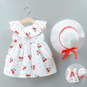 40 # Toddler Kid Klänningar Baby Tjej Barn ärmlös körsbärsröd hals Back Bow Dress + Straw Hat Set Sommarklänning Q0716