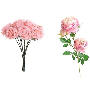 Decorative Flowers & Wreaths 1X 3 Heads Artificial Peony Silk Pink 10Pcs Flower Foam Rose Light