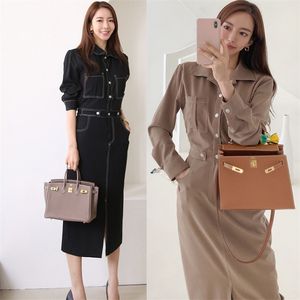 Herbst Lange Kleider Korea Damen OL Langarm formelle Büro für frauen kleidung 210602