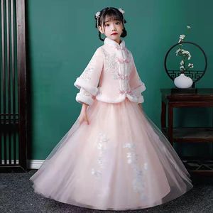 Odzież Etniczna Chińska Tradycyjna Zimowa Dress Haft Kids Qipao Pink Cheongsam Baby Girls Eleganckie dziecięce rok aksamit