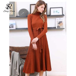 SINGRAIN Autumn Women Thick Sweater Dress Winter Turtleneck Long Knit Vestidos Long Sleeves Elastic Pleated Knitted Warm Dress Y1006