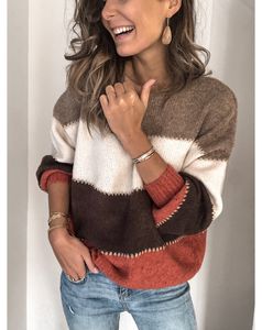 여성 2021 가을 겨울 새로운 솔리드 스티칭 니트 스웨터 탑 캐주얼 콘트라스트 컬러 라운드 넥 스웨터 여성