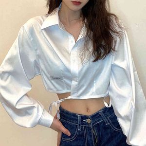 Lucyever Summer White Long Sleeve Lace Up Women Shirts Fashion Back Split Turndown Collar Shirt Woman Korean Office Ladies Tops 210521
