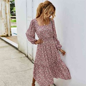 autumn winter floral long dress women square collar maxi elegant ladies pink vintage vestidos 210427