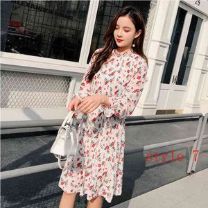 Wholesale two layer dress resale online - Two layers Floral Chiffon Dress Elastic Waist Women Spring A line Lace Up Flare Sleeve Bohemian female