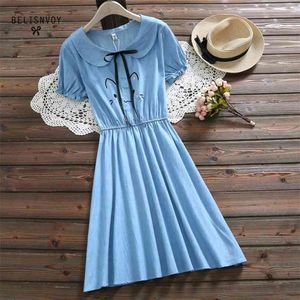 Japon Mori Kız Yaz Kadın Denim Elbise Mavi Sevimli Karikatür Nakış Vestidos Zarif Vintage Kawaii Lady 210520