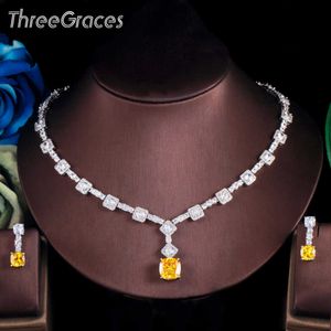 Threegraces elegante amarelo cz cristal cor prata grande quadrado cair brincos colar de casamento festa jóias conjuntos para mulheres tz581 h1022