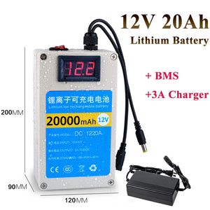 Bärbar 12V 20AH 20000MAH LI-ion LITIUM Batteripaket Uppladdningsbart för säkerhetskopiering Power 12 CCTV Kamera fiskelampa + 3A-laddare