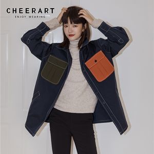 Contrast Stitch Designer Jacket Women Color Block Pocket Oversized Coats Fall Clothing Fashion Outerwear 210427