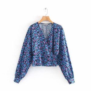 Fashion Women Cross V Neck Floral Print Casual Kimono Blouse Shirts Long Sleeve Chic Lace Up Chemise Blusa Tops LS6264 210420