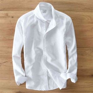Vår och höst män mode märke Japan stil smal passform bomull linne långärmad skjorta manlig avslappnad vit skjorta import kläder 210708