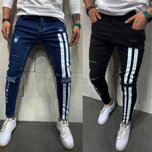 Erkek Slim Yırtık Kot Biker Motosiklet Hip-Hop Kalem Pantolon Yan Şerit Mektup Baskı StreetwearSejogging Denim Kostüm X0621