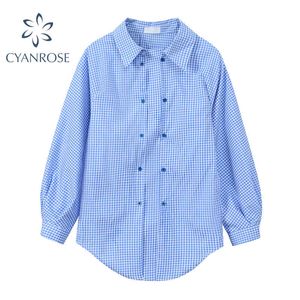 Plaid Shirt Tops Lantern Långärmad Hem Oregelbundna Dubbel Breasted Chic Blusar Kvinnor Elegant Polo Krage Koreansk Ins Blusas 210417