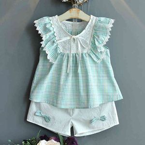 Girls' Clothing Set Summer Sleeveless Plaid Print Top + Bow Shorts 2-Piece Fashion Cute Children's 210515