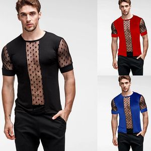 Men's Sexy Mesh Transparent T shirt Male Slim Fit Polka Dot Printed T-shirts Summer Short Sleeve See Through Tops