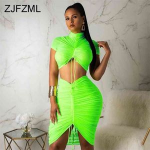 Neon Green Yellow Sexy Two Piece Set Women Turtleneck Short Sleeve Crop Top+ Pleated Bodycon Dress Tracksuit 2 Club Outfit 210623