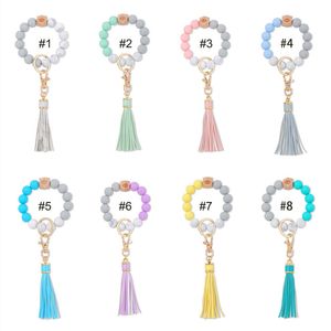 Artesanal Esticado Beads de Silicone Bangle Party Keychain Tassel Pulseira Pulseira PUR PU PU Couro Chaveiro Chaveiro Feminino Corda Braceletes Mulheres Menina Cinta