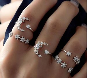 5 pçs/lote Boho Style Ring Sets For Women Wedding Band Zircon Crystal Flower Shaped Moon Star Finger Rings Party Gifts Vintage Silver Jewelry Set
