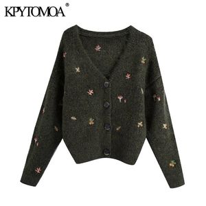 KPYTOMOA KVINNA FASHION Floral Broderi Stickad Cardigan Sweater Vintage Långärmad Knappkvinnor OuterWear Chic Toppar 210922