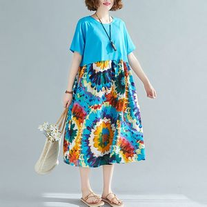 Übergroße Frauen Lose Casual Kleid Neue Ankunft Sommer Vintage Stil Patchwork Druck Weibliche Baumwolle Leinen Lange Kleider S2989 210412