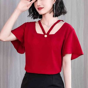 Sexy Female Shirt Women Tops Summer V-collar Chiffon Blouses Short Sleeves Fashion 's Clothing 609J3 210420