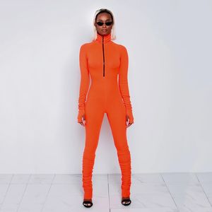 Newasia Zipper V Neck Bodycon Jumpsuit Mulheres Sólida Manga Longa Sexy Jumpsuits Turtleneck Fitness Sporty Macacão Clubwear Outfits 210413