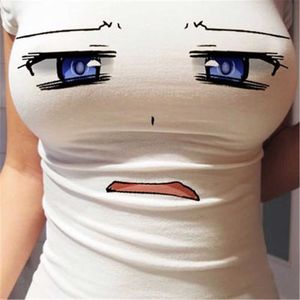 女性の面白い3D目プリントTシャツセクシーなアニメ漫画かわいい表現Straitjacket半袖TシャツトップスレディーススリムティーY0606