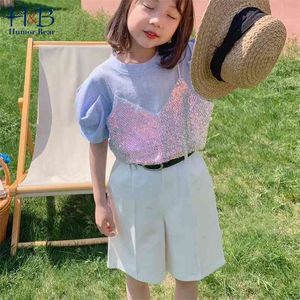 女の子の服セット夏のパフスリーブスパンコールTシャツ+ショート2ピースカジュアル幼児子供無料ベルト210611