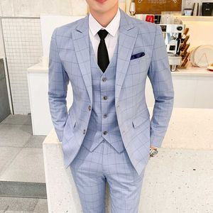 Мужской костюм к клетку Blue Khaki костюм брюки тощий дизайн британская работа мужская одежда свадебный повседневный костюм X0909