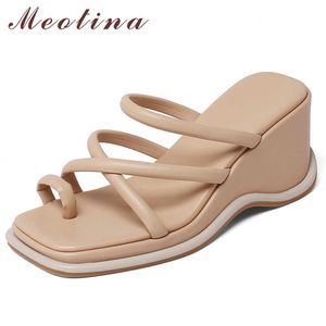 Meotina Kvinnor Tofflor Skor Äkta Läder Sandaler Wedges High Heel Slides Square Toe Sheepskin Ladwear Sommar Beige 210608