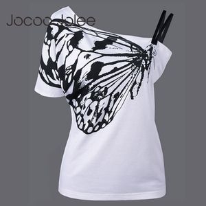 Moda Mulheres Blusas Túnica Butterfly Impresso Camisa Branca Cinta Curta Ombro Top Plus Size Senhoras Blusas 210428
