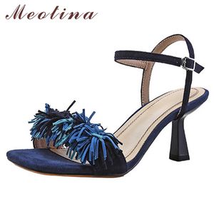 Meotina Women Shoes Genuine Leather Sandals Fringe High Heel Sandals Square Toe Shoes Thin Heel Ladies Footwear Summer Black 210608