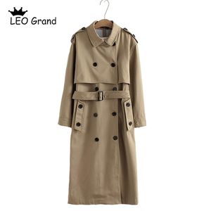 Vee Top Women Casual Solid Color Double Breasted Outwear Sashes Office Coat Chic Epaulet Design Long Trench 902229 211021