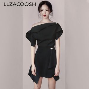 Summer Women Runway 2 PCS Set Sexy Fashion Black Ruffles Off Shoulder Shirt Tops + Beading irregular Skirts Set 210514