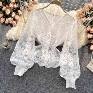 Women Fashion Perspective Lace Tops Lady V Neckline Buckled Long Sleeves Shirt Solid Color Camisas Mujer Blouse Clothes S406 210527