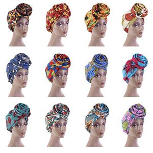 30pcs/lot African Pattern Wowen Knot Headwrap Pre-Tied Knotted Turban Bonnet Satin Linned Beanie Headscarf Cap Headwear Hair Accessories