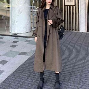 Abrigos mujer invierno Autumn Winter retro Style Solid Color Long Sleeve Waist lapel Woolen Coat female Blends 623E 210420
