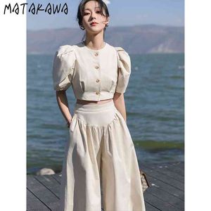 Matakawa الكورية الصيف بسيطة امرأة البلوزات فقاعة قصيرة الأكمام قميص قصير + عالية الخصر culottes twe picecs مجموعة النساء 210513