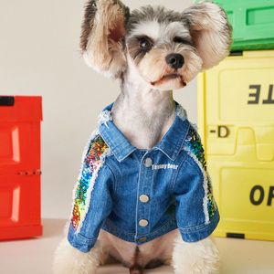 Höst Winter Dog Apparel Fashion Sequins Pet Denim Jacka Utomhus Personlighet Casual Puppy Coat för Teddy Bichon Schnauzer