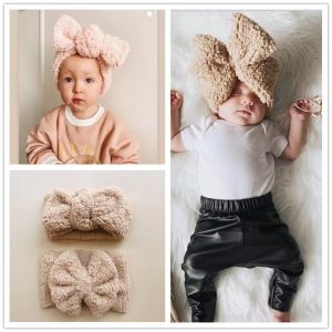 New Winter Baby DIY Lamb Fleece Plush Big Bow Headband Kids Bowknot Hairband Children Bandanas Warm Soft Head Band 2pcs/set