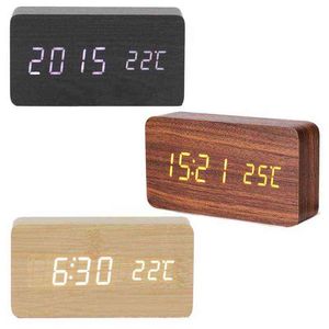 LED Sveglia in legno Orologio da tavolo Termometro digitale Legno Despertador Desktop elettronico USB / AAA Orologi alimentati Decorazioni da tavola 211112