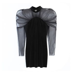 BLSQR Sexig mantelklänning Vintage Puff Sleeve Mesh Patchwork Velvet Mini O-Neck svart för Kvinna 210430