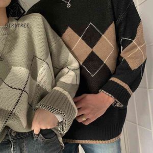 Geometric Pattern Argyle Pullovers Spring Autumn Loose Oversized O-Neck Knitted Sweaters Korean College Style Ladies Jumper 210812