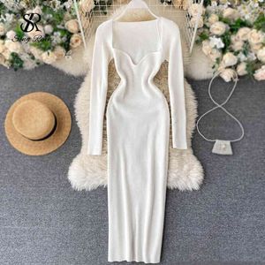Höst kvinnor stickad klänning kvadrat krage mode koreanska elastiska slim vestidos vinter knit chic bodycon sweater klänning 210419