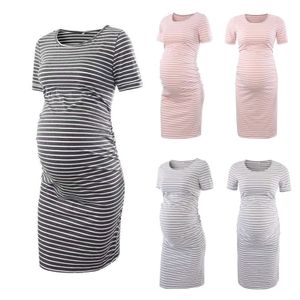 Causal Maternity Kläder Kvinna O-Neck Stripe Kortärmad Bröstfoder Gravid Maternity Nursing Dress Zwangerschaps Kleding Q0713