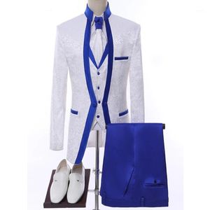 Weiß Royal Blue Rim Bühnenkleidung für Männer Anzug Set Herren Hochzeitsanzüge Kostüm Bräutigam Smoking formell (Jacke + Hose + Weste + Krawatte Herren-Blazer